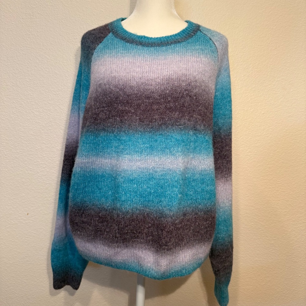 BB Dakota Steve Madden Ombre Striped Fuzzy Knit Sweater Teal Blue‎ Grey XL